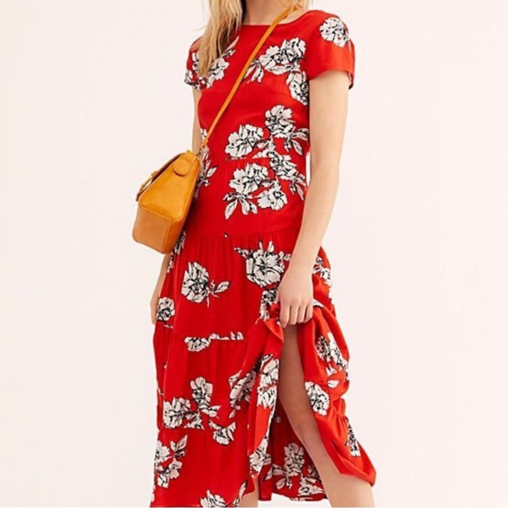 FREE PEOPLE Floral Tiered Red Rita Midi Dress Size Small